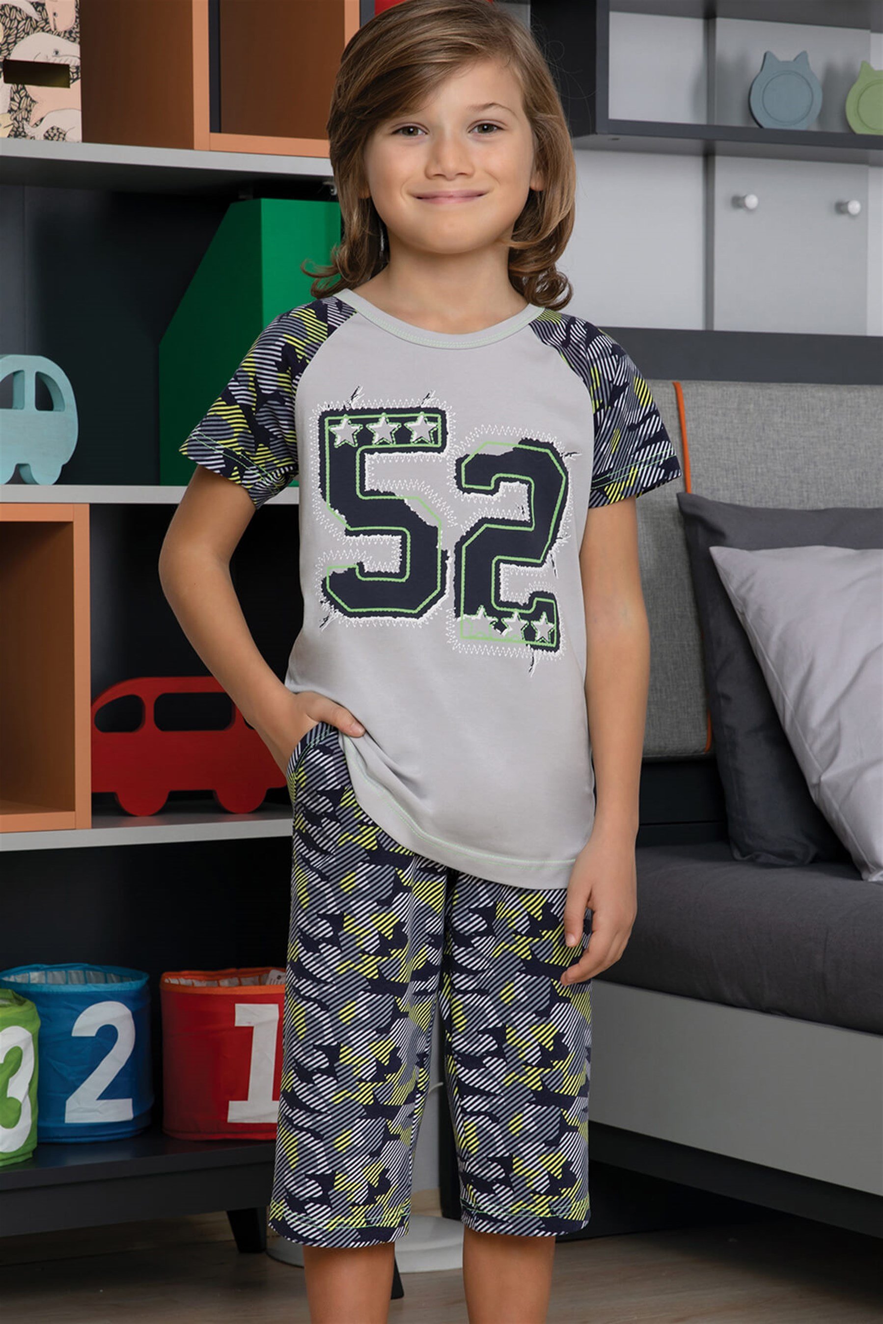 9766-167 Baykar Erkek Çocuk Kapri Takımı Boyalı Gri