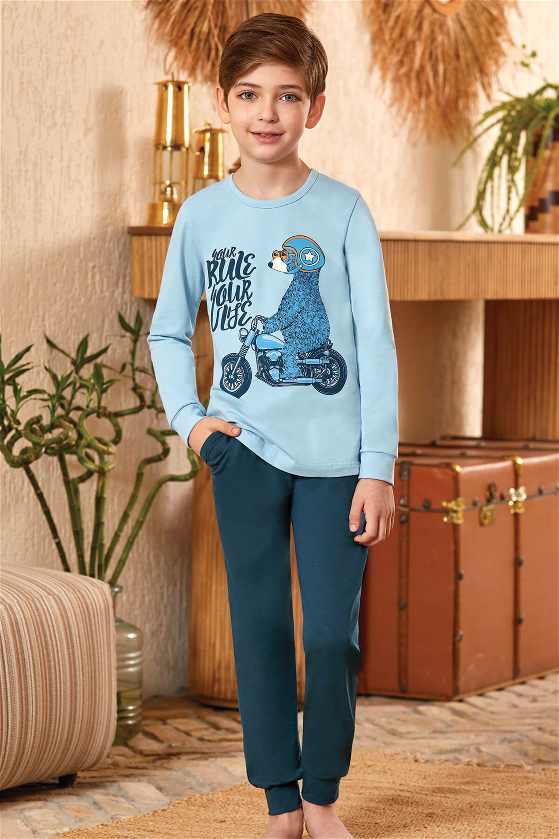 9792 Erkek Çocuk Pijama Takımı Koyu Mavi