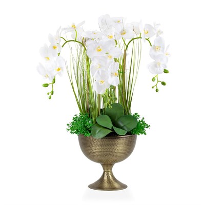 Geniş Eskitme Altın Oval Vazoda Aranjman Beyaz Yapay Orkide
