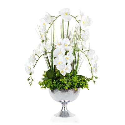 Geniş Gümüş Oval Vazoda Aranjman Beyaz Yapay Orkide