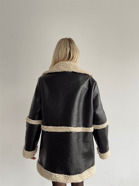 Double pocket furry bf leather coat black