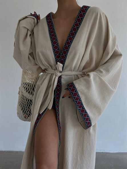 Etnik Desen Kuşaklı Kimono Ekru