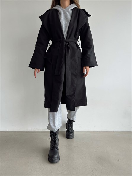 Geniş Yaka Oversize Trençkot Siyah