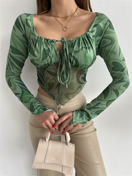 Önü Drapeli Transparan V Kesim Bluz Yeşil Desenli