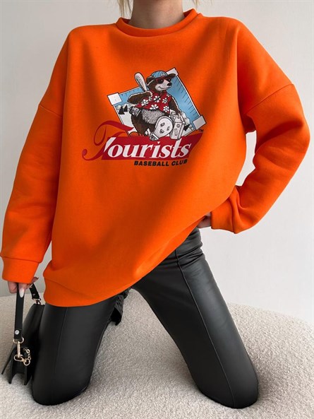 Tourists Baskı Oversize Sweatshirt Turuncu