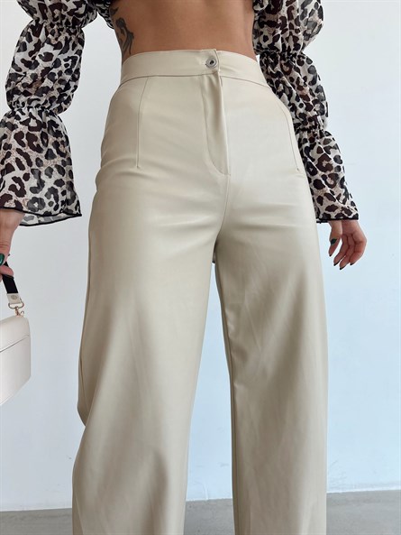 High waist leather palazzo pants beige
