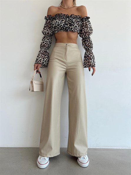 High waist leather palazzo pants beige