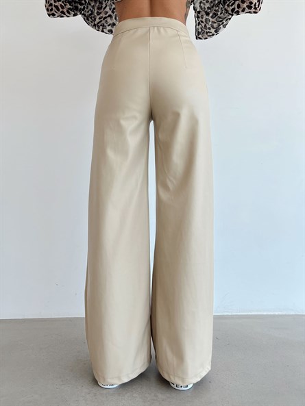 High waist leather palazzo pants beige