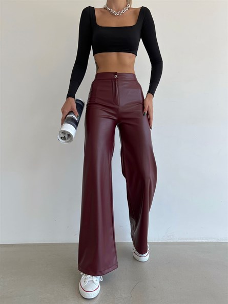 High waist leather palazzo pants burgundy