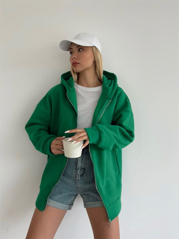 3 İplik Kapüşonlu Fermuarlı Sweatshirt Koyu Yeşil
