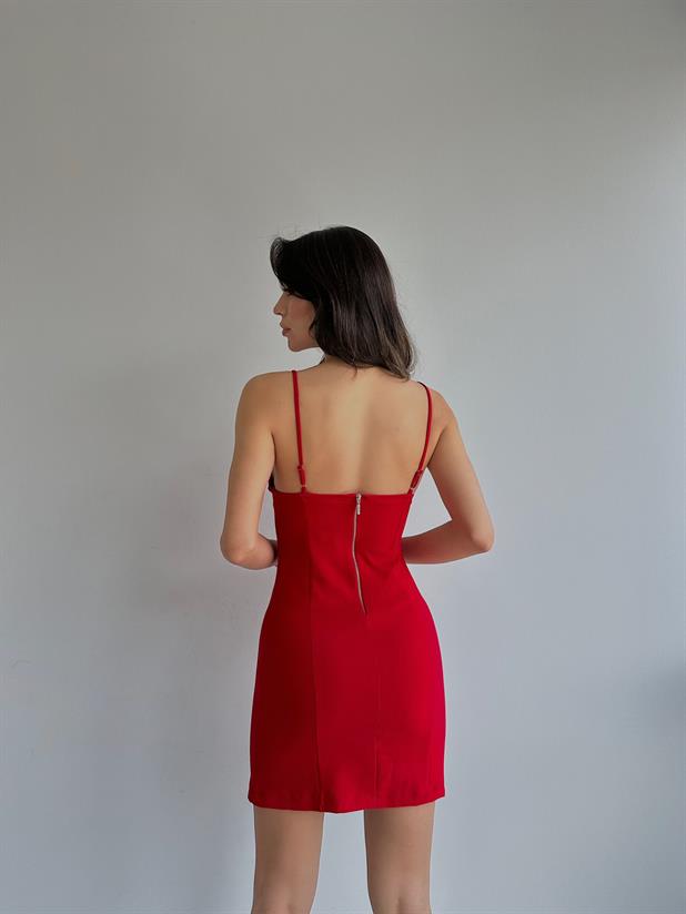 Dikiş Detay Mini Elbise Kırmızı