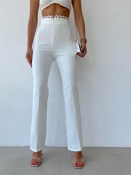Bel Güpür Detay Yüksek Bel Kumaş Pantolon Beyaz