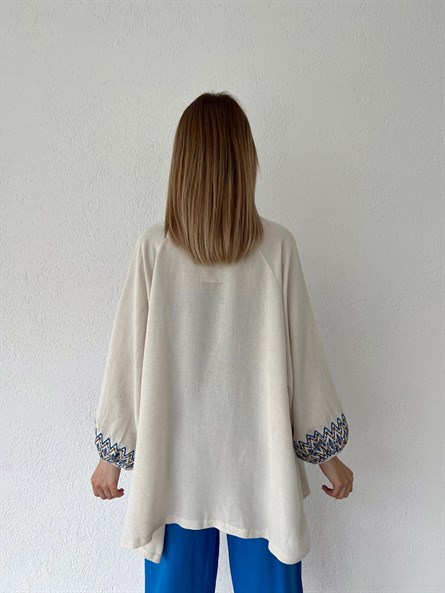 Etnik İşleme Keten Kimono Ekru