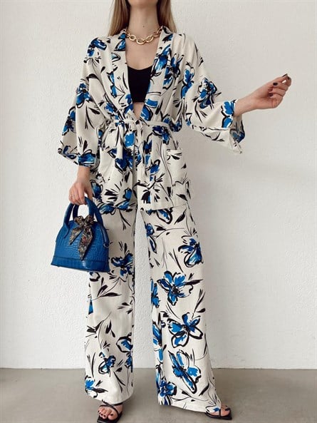 Flora Keten Bağlamalı Kimono Mavi
