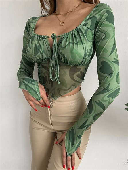Önü Drapeli Transparan V Kesim Bluz Yeşil Desenli