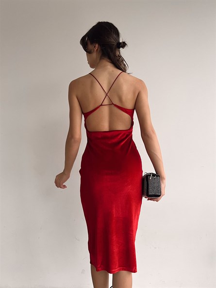Sırt Dekolte Kadife Midi Elbise Kırmızı