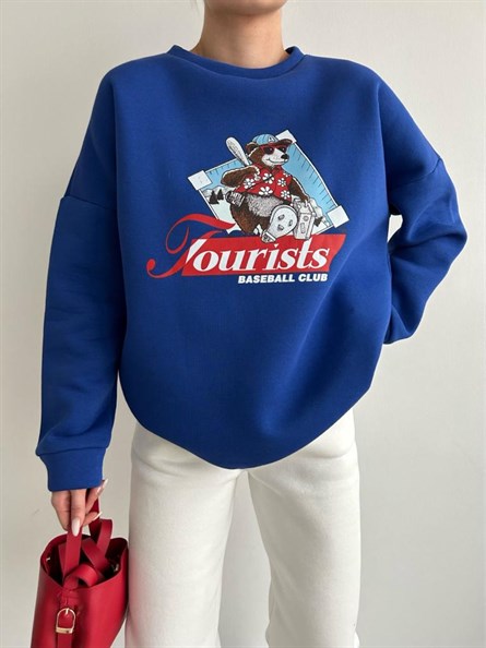 Tourists Baskı Oversize Sweatshirt Mavi