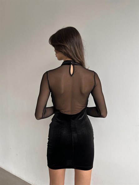 Transparan Detay Mini Kadife Elbise Siyah
