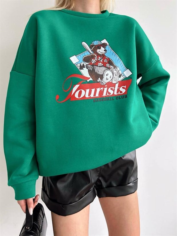 Tourists Baskı Oversize Sweatshirt Yeşil