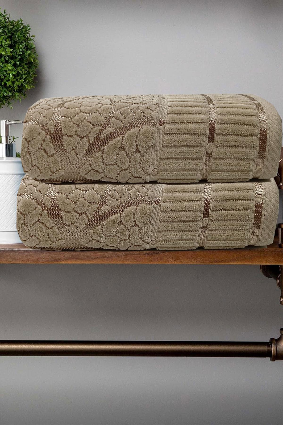 2 li Jakarlı Kadife Yaprak Desenli Lüks El Yüz Havlu Seti 50x90 Cm %100 Pamuklu