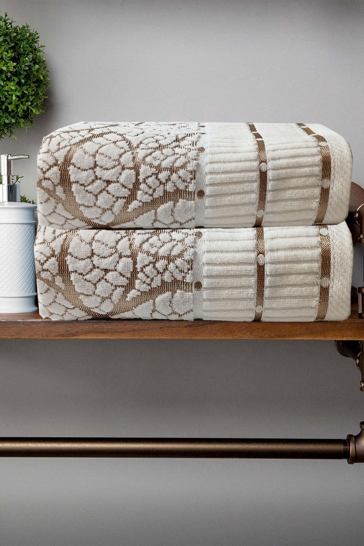 2 li Jakarlı Kadife Yaprak Desenli Lüks El Yüz Havlu Seti 50x90 Cm %100 Pamuklu