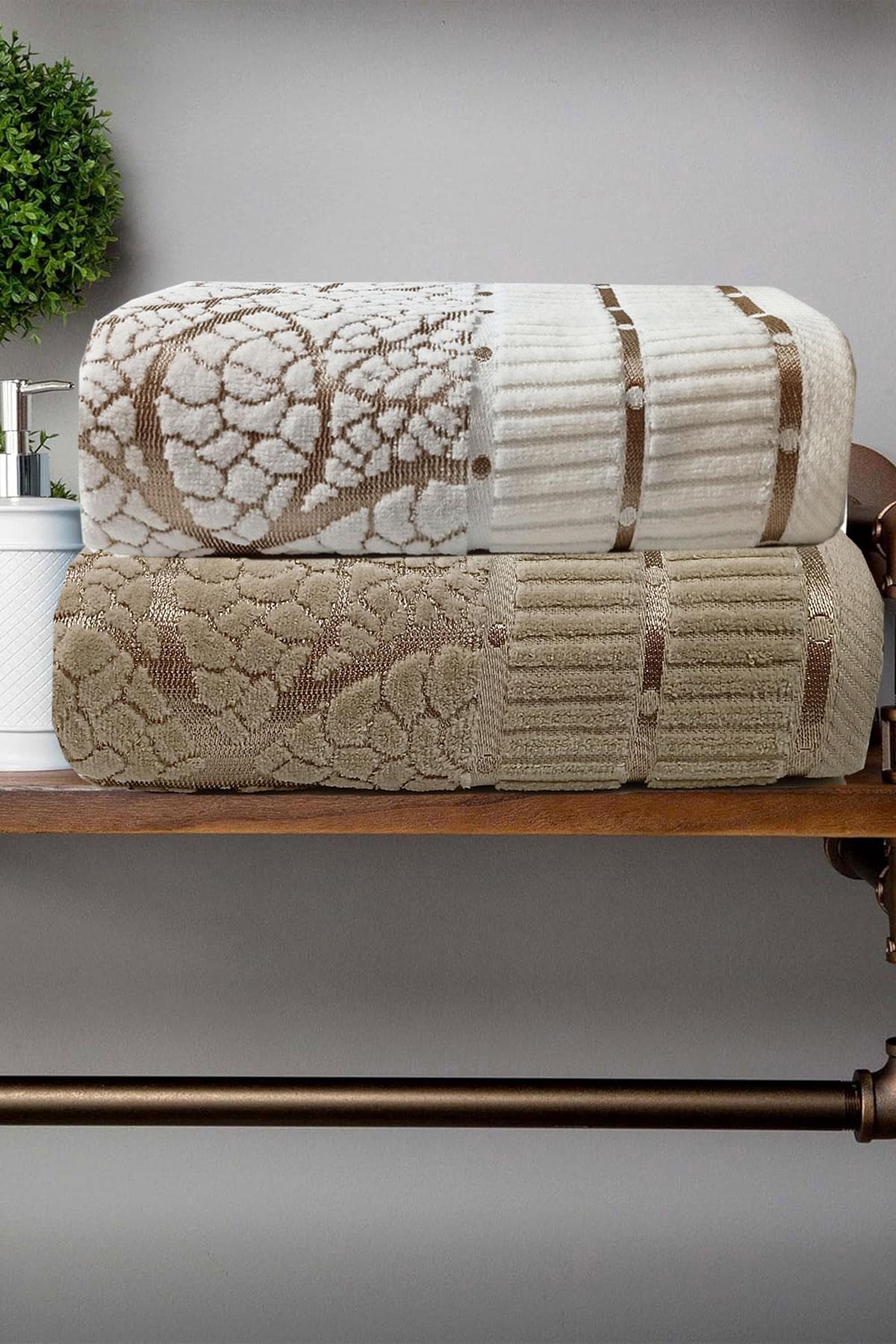 2 li Jakarlı Kadife Yaprak Desenli Lüks El Yüz Havlu Seti 50x90 Cm %100 Pamuklu