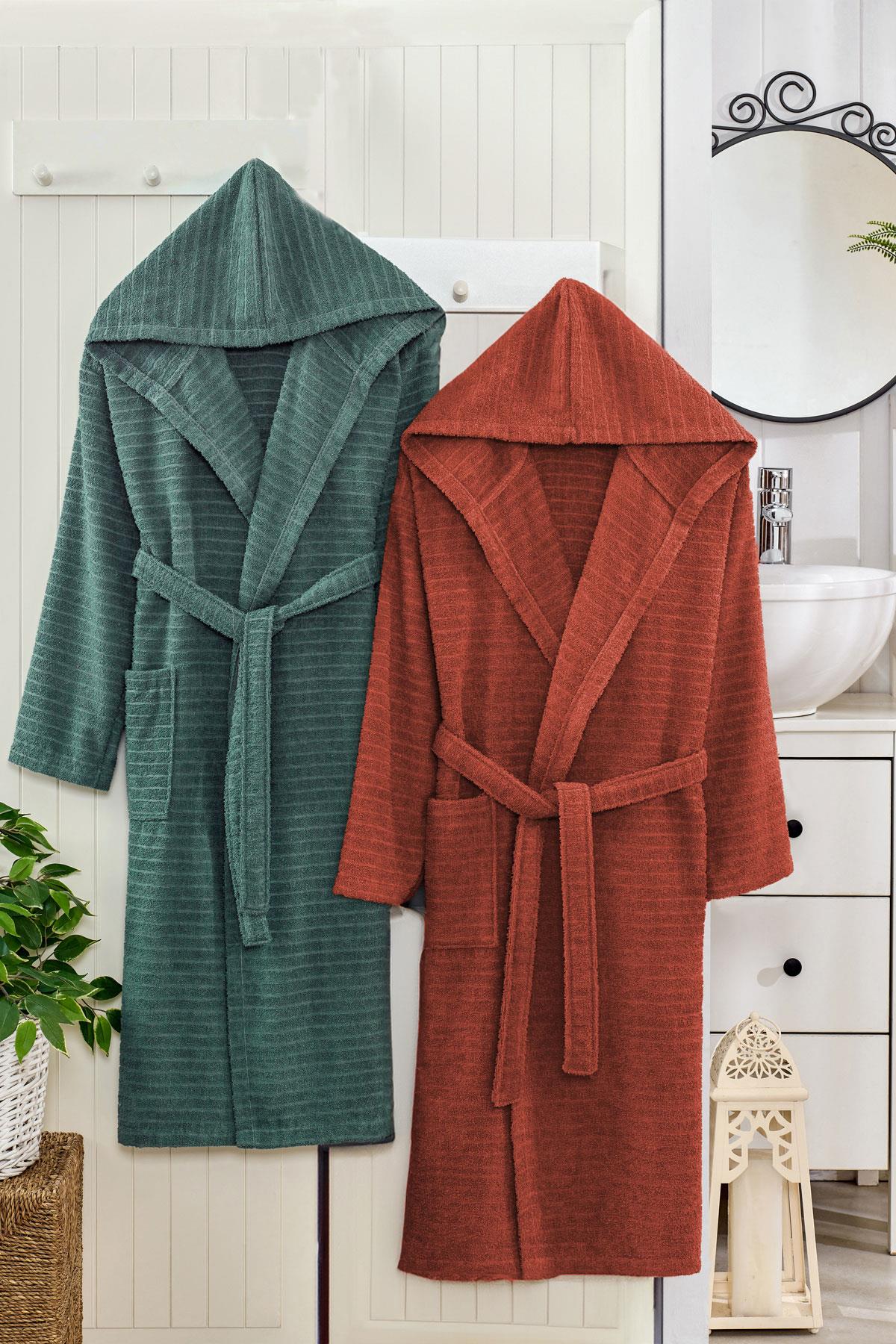 2 li Kapşonlu Unisex Banyo Bornozu Seti  %100 Soft Pamuklu