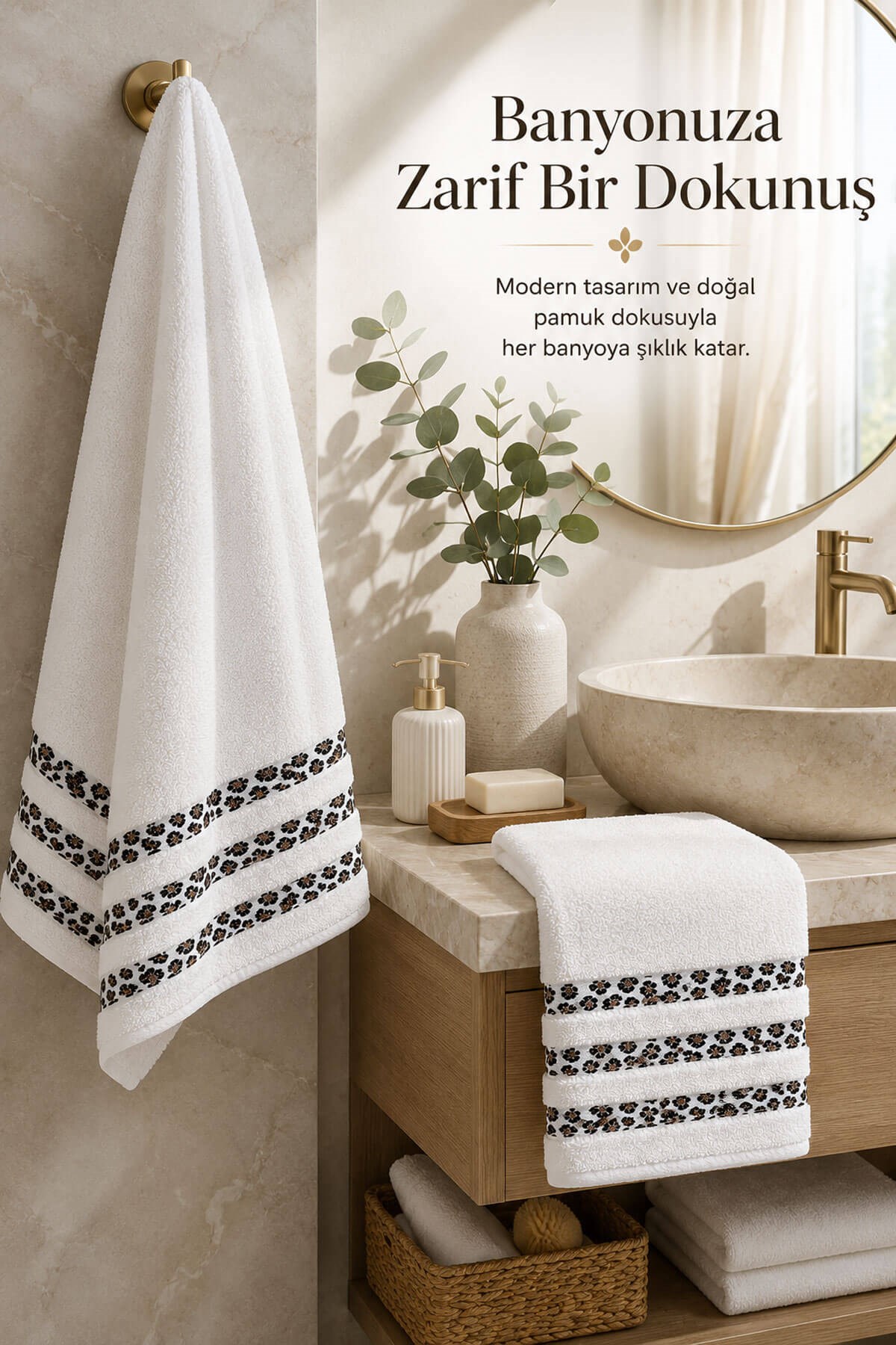 2 Parça Banyo Havlu Seti %100 Pamuk Leopar Deluxe (70x140 Cm + 50x90 Cm)