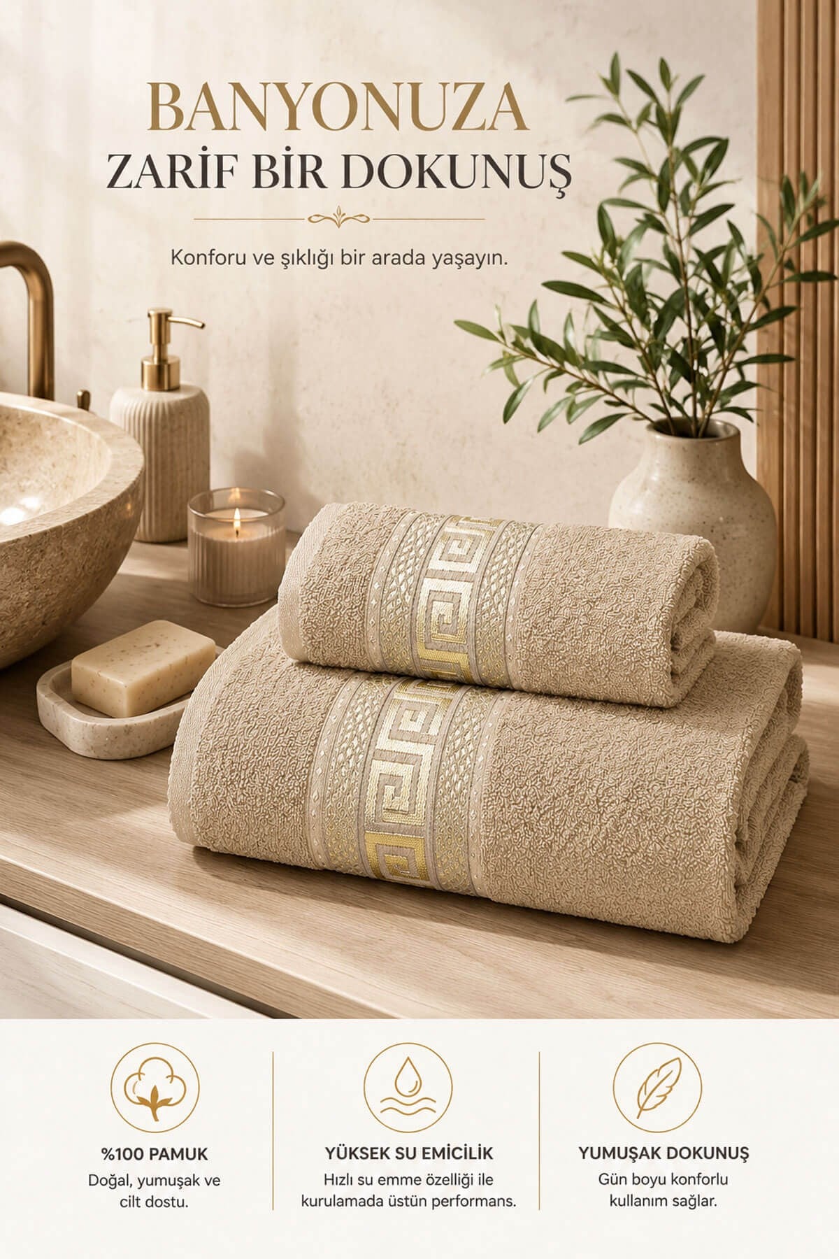 2 Parça Banyo Havlu Seti Helen %100 Pamuklu 70x140 cm