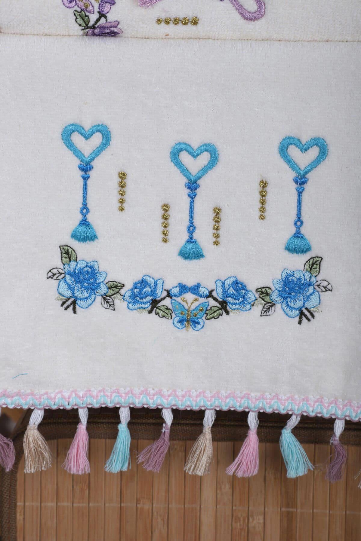 2li Kalp Çiçek Nakışlı El Yüz Havlu Seti 50x90 cm