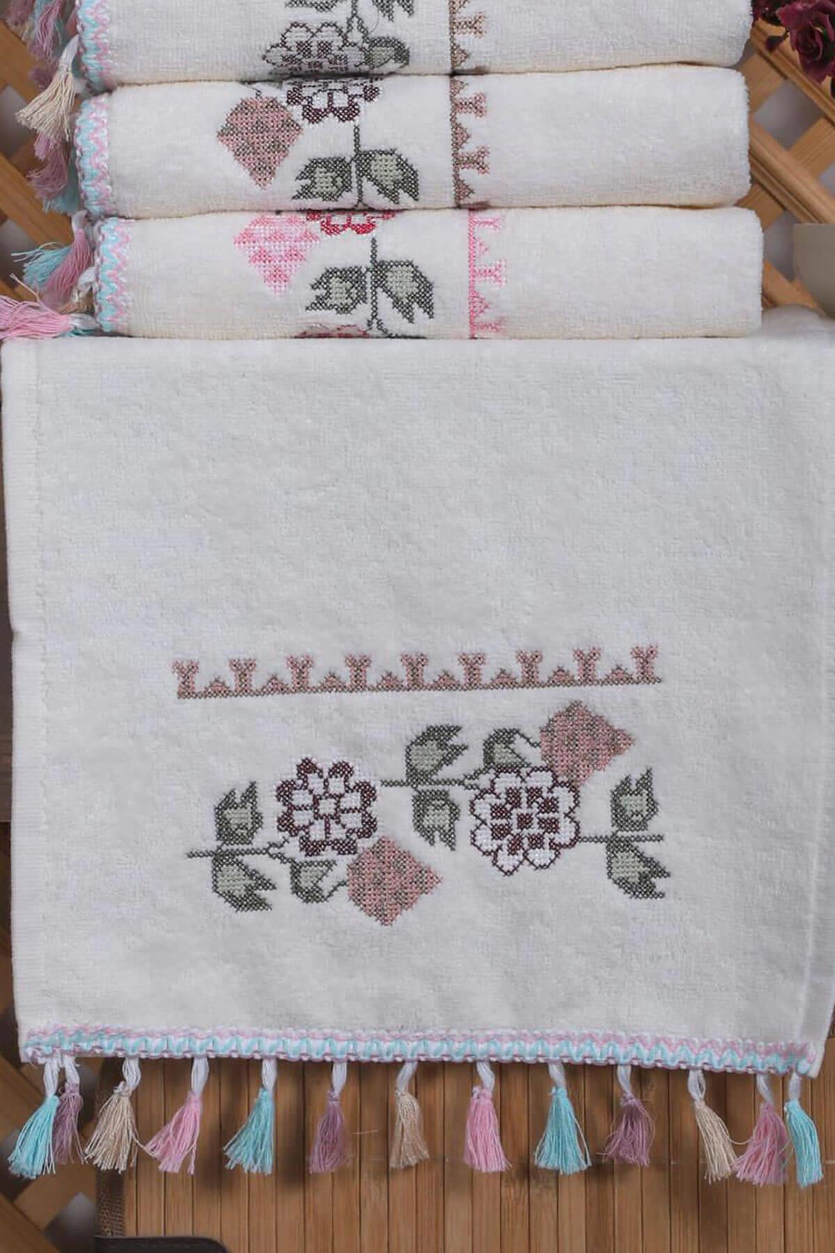 2li Kanaviçe Çiçek Nakışlı El Yüz Havlu Seti Püsküllü