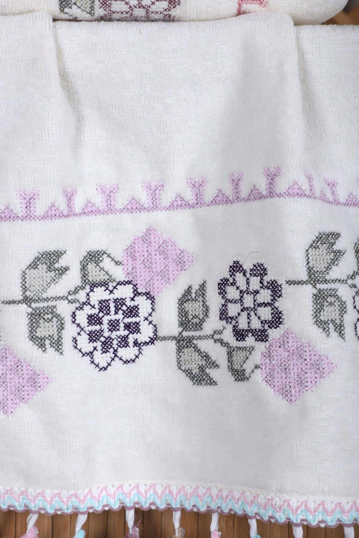 2li Kanaviçe Çiçek Nakışlı El Yüz Havlu Seti Püsküllü