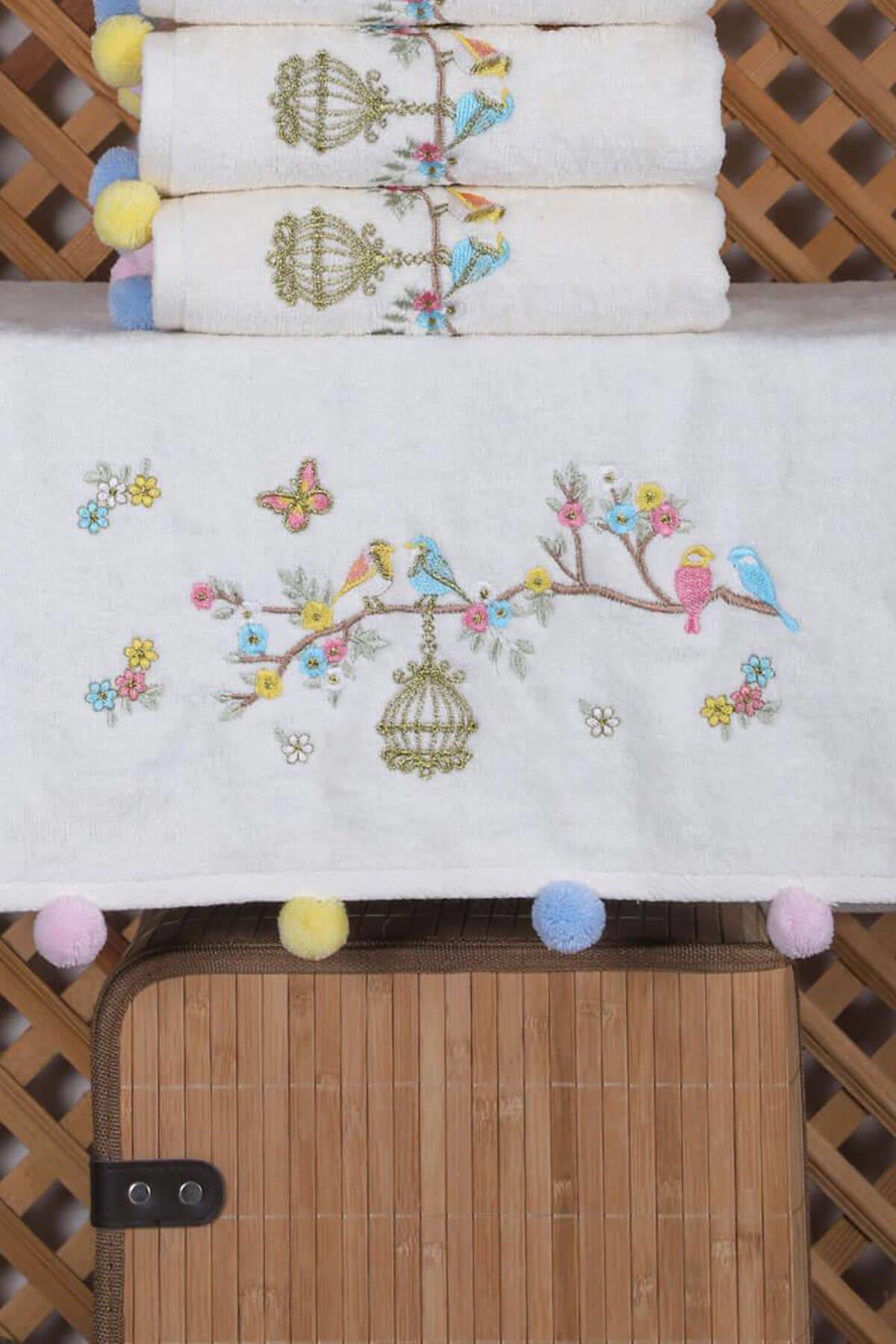 2li Kuş Nakışlı El Yüz Havlu Seti 50x90 cm