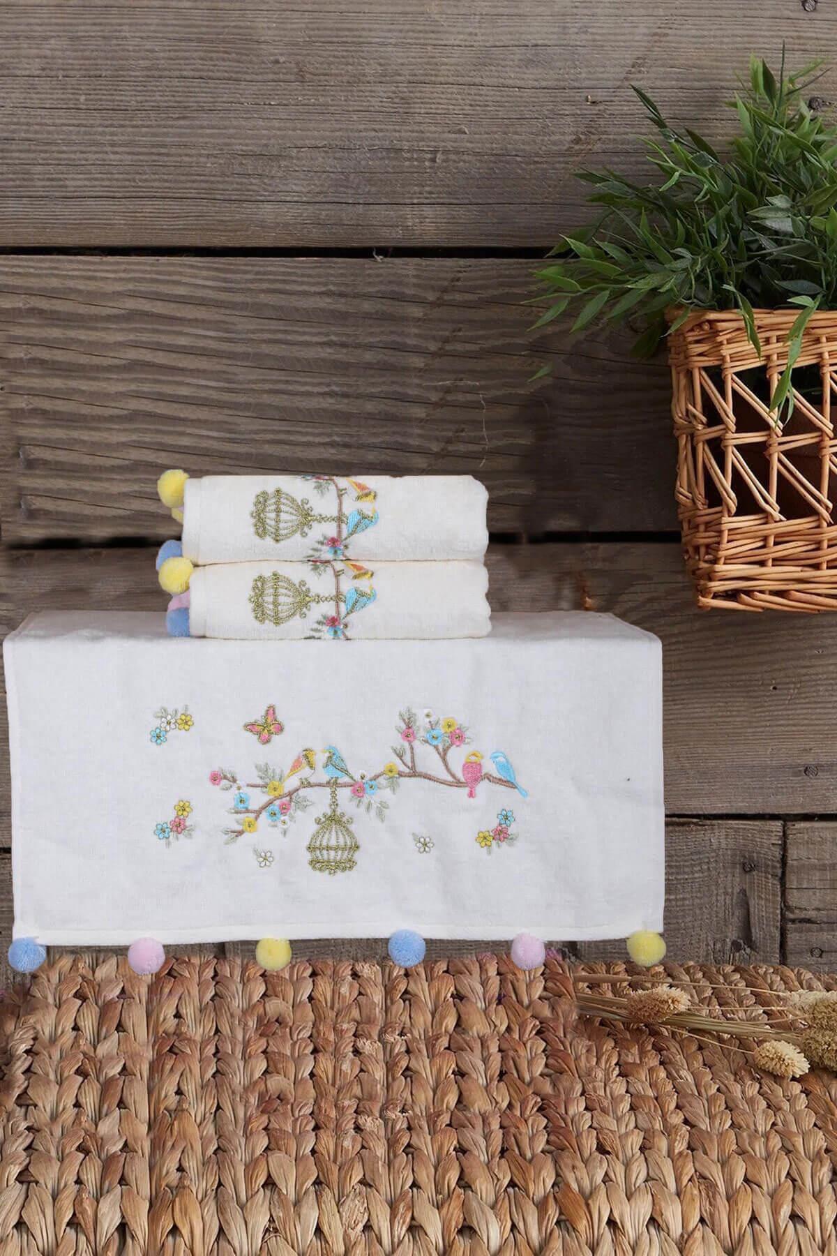2li Kuş Nakışlı El Yüz Havlu Seti 50x90 cm