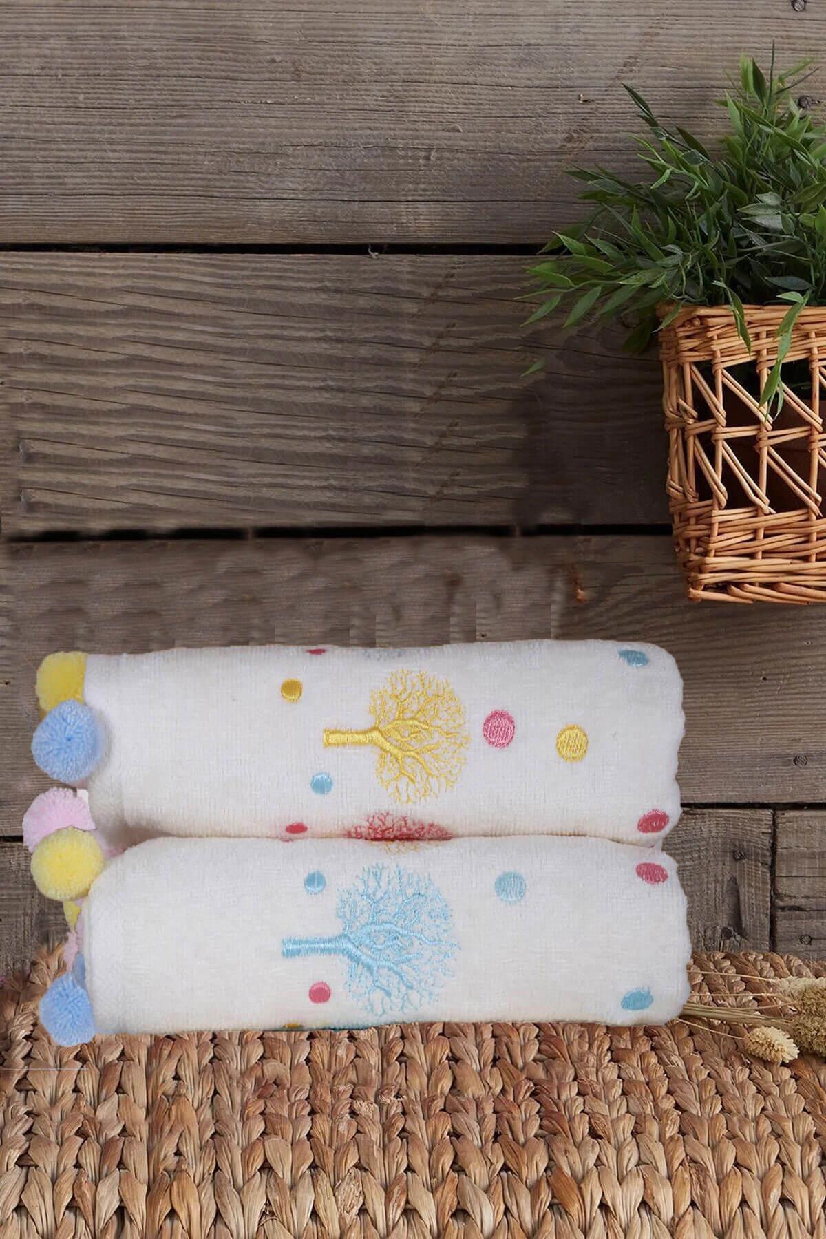 2li Renkli Ağaç Nakışlı El Yüz Havlu Seti Ponponlu