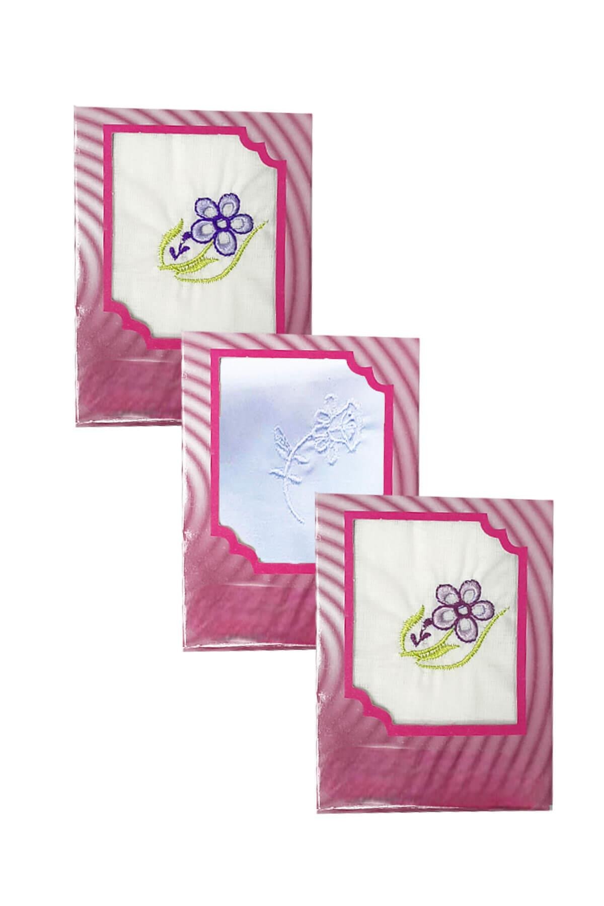 3lü Özel Paket Premium Kadın İşlemeli Mendil Seti  %100 Pamuk 28x28 Cm