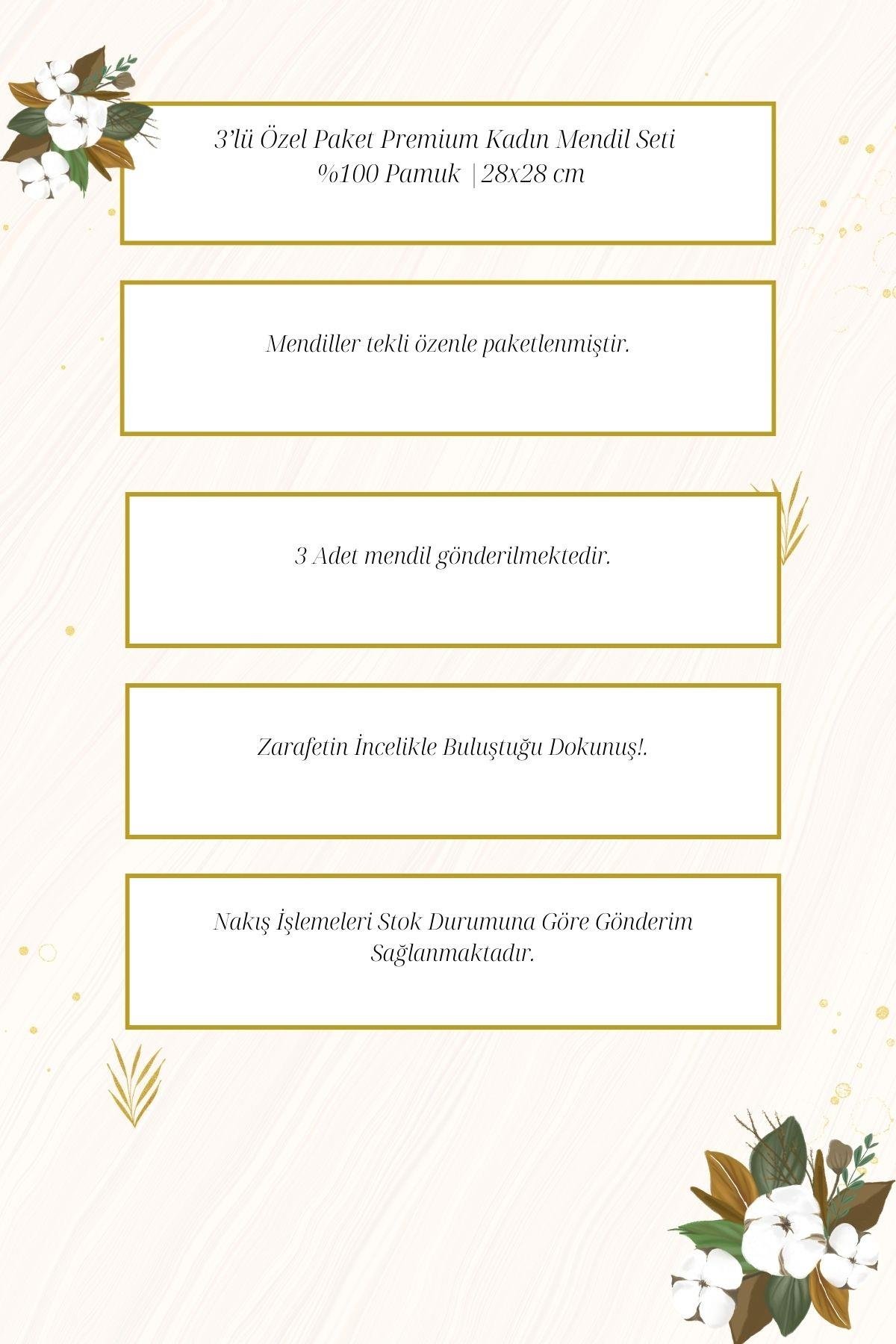 3lü Özel Paket Premium Kadın İşlemeli Mendil Seti  %100 Pamuk 28x28 Cm