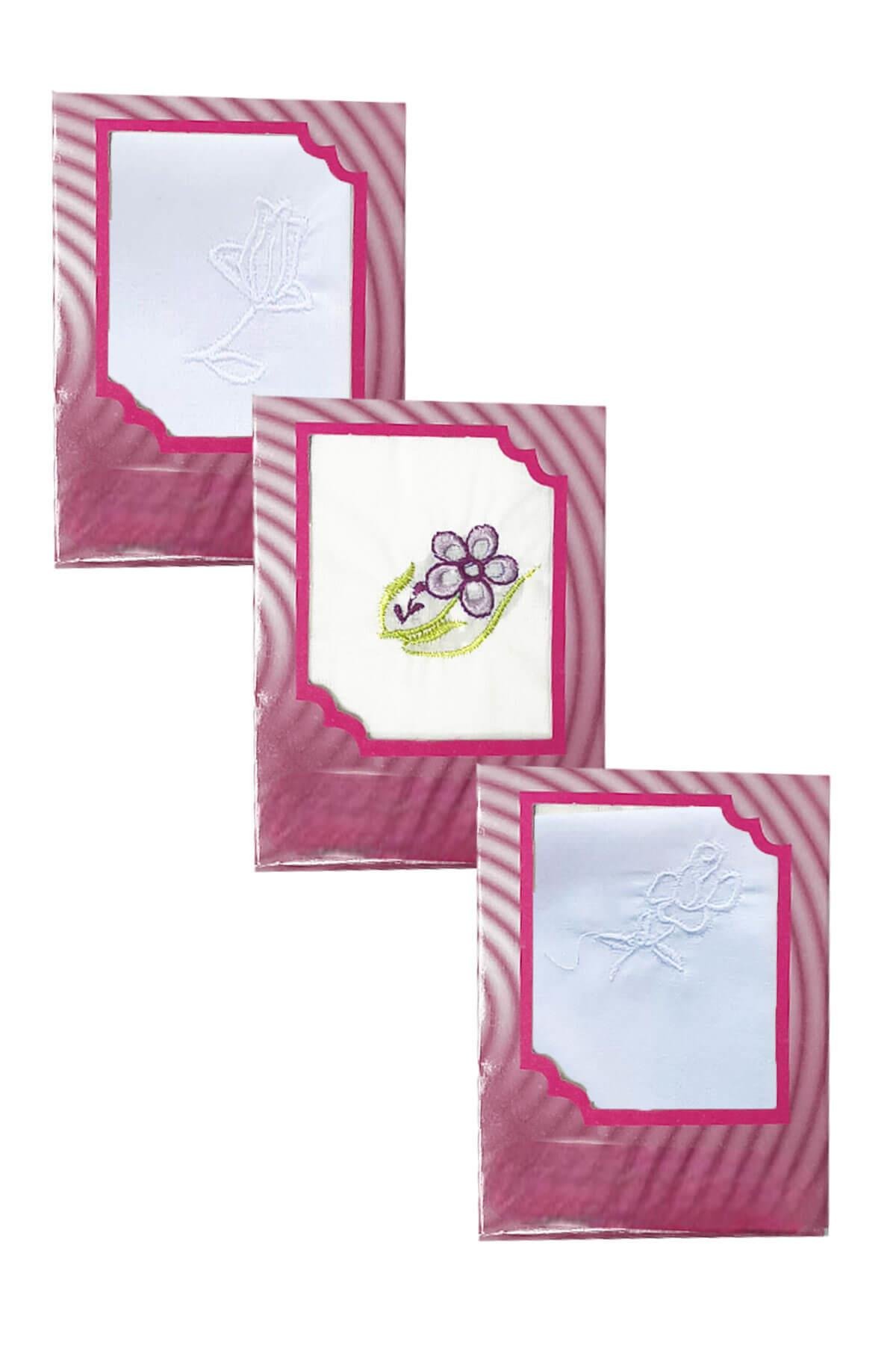 3lü Özel Paket Premium Kadın İşlemeli Mendil Seti  %100 Pamuk 28x28 Cm