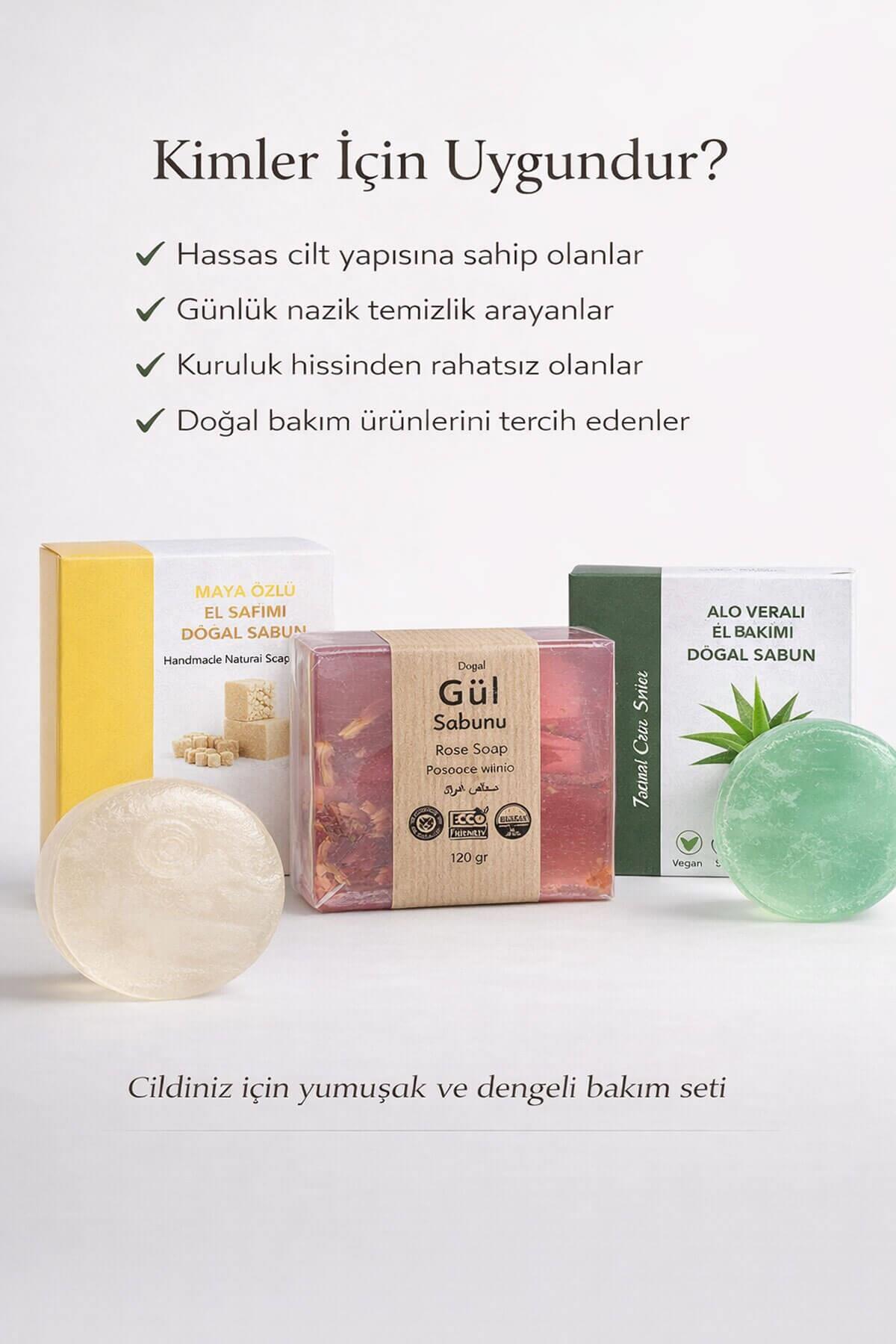 3lü Doğal Sabun Seti  Maya, Aloe Vera, Gül Özlü - Hassas & Günlük Nazik Bakım Serisi