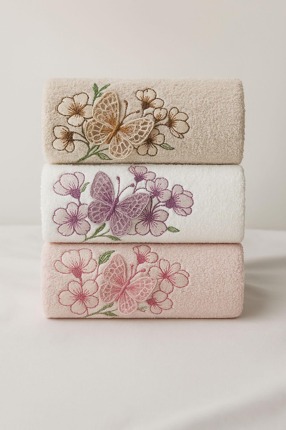 3lü Lüks %100 Pamuklu Mutfak Havlusu Seti 3D Kelebek Aplikeli 30x50 Cm