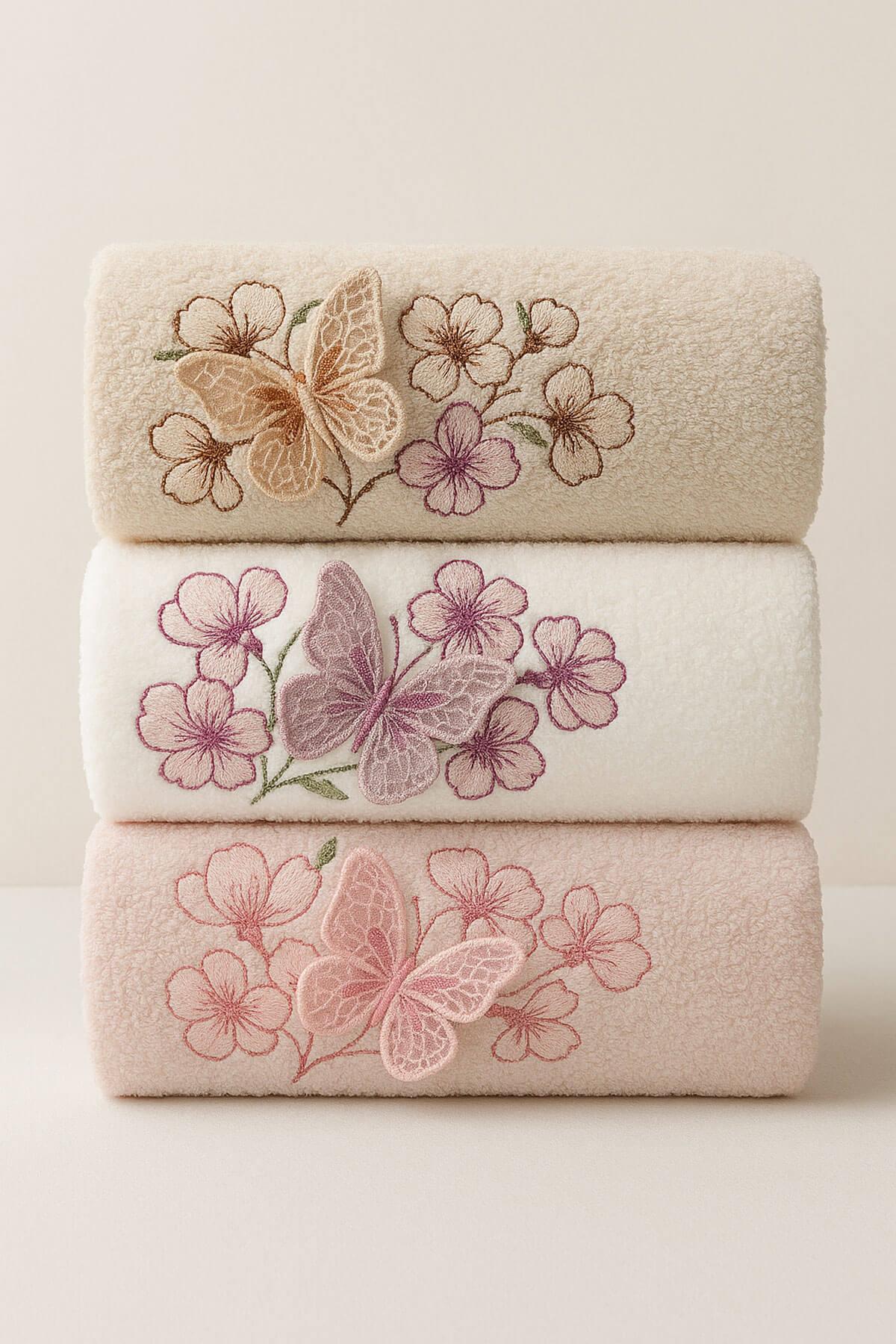 3lü Lüks %100 Pamuklu Mutfak Havlusu Seti 3D Kelebek Aplikeli 30x50 Cm