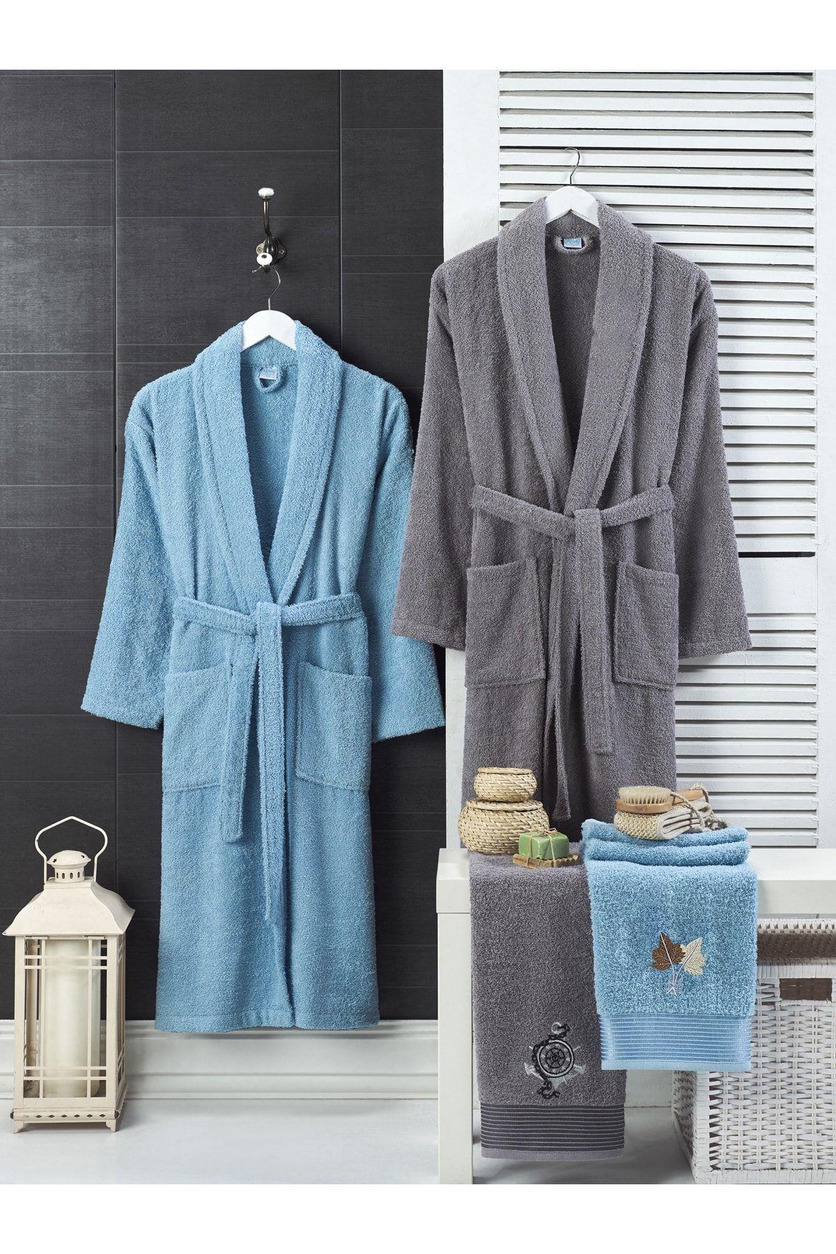 4 Parça Aile Bornoz Seti Kadın Erkek Havlulu Bornoz Takımı