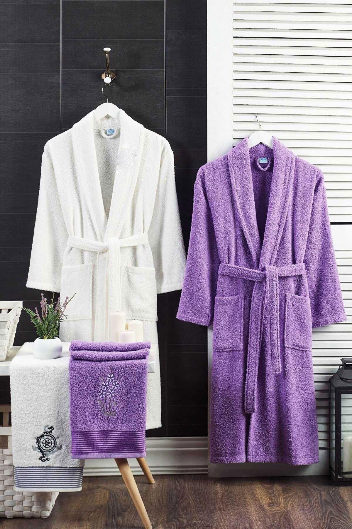 4 Parça Aile Bornoz Seti Kadın Erkek Havlulu Bornoz Takımı