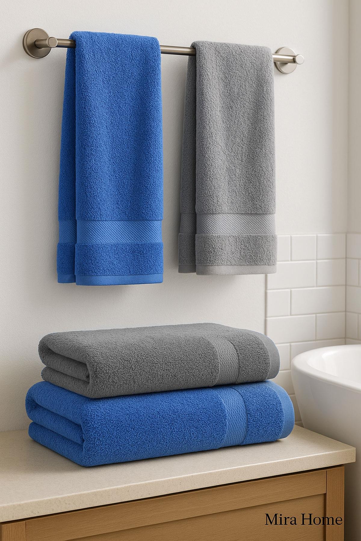 4 Parça Ekonomik Banyo Havlu Takımı %100 Pamuklu Quickdry Mavi