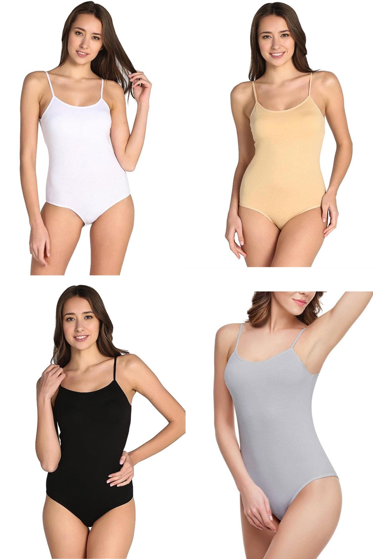 4lü Tutku Kadın İp Askılı Battal Kancalı Çıt Çıtlı Body Büyük Beden