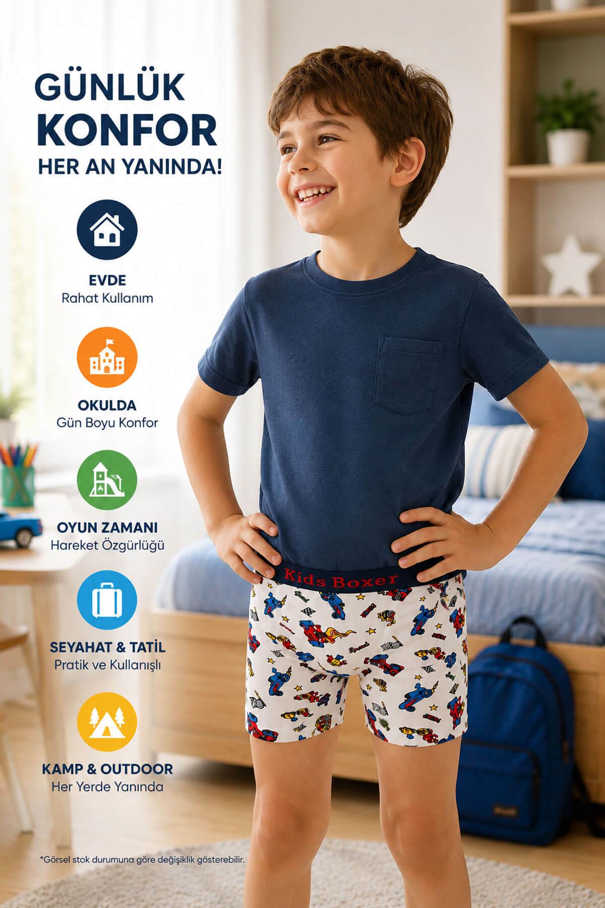 6 lı Erkek Çocuk Desenli Boxer Empirme Baskılı Pamuklu 