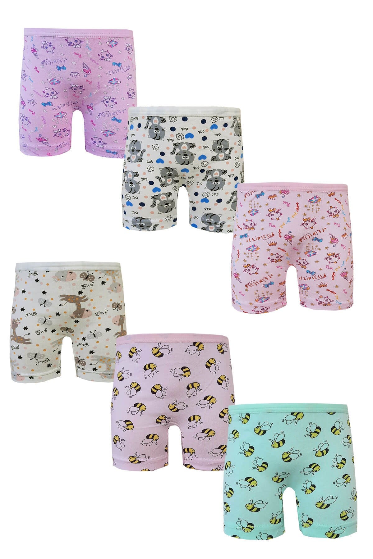 6lı Kız Çocuk Boxer Pamuklu Likralı Baskılı Renkli 3409