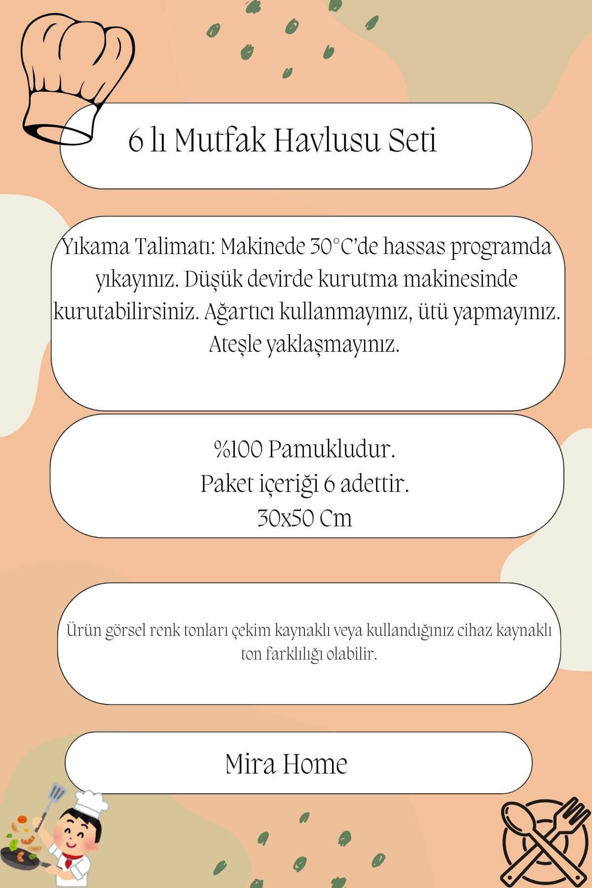 6lı Mutfak Havlusu Seti 30x50 cm %100 Pamuk Doku Yumuşak Clara