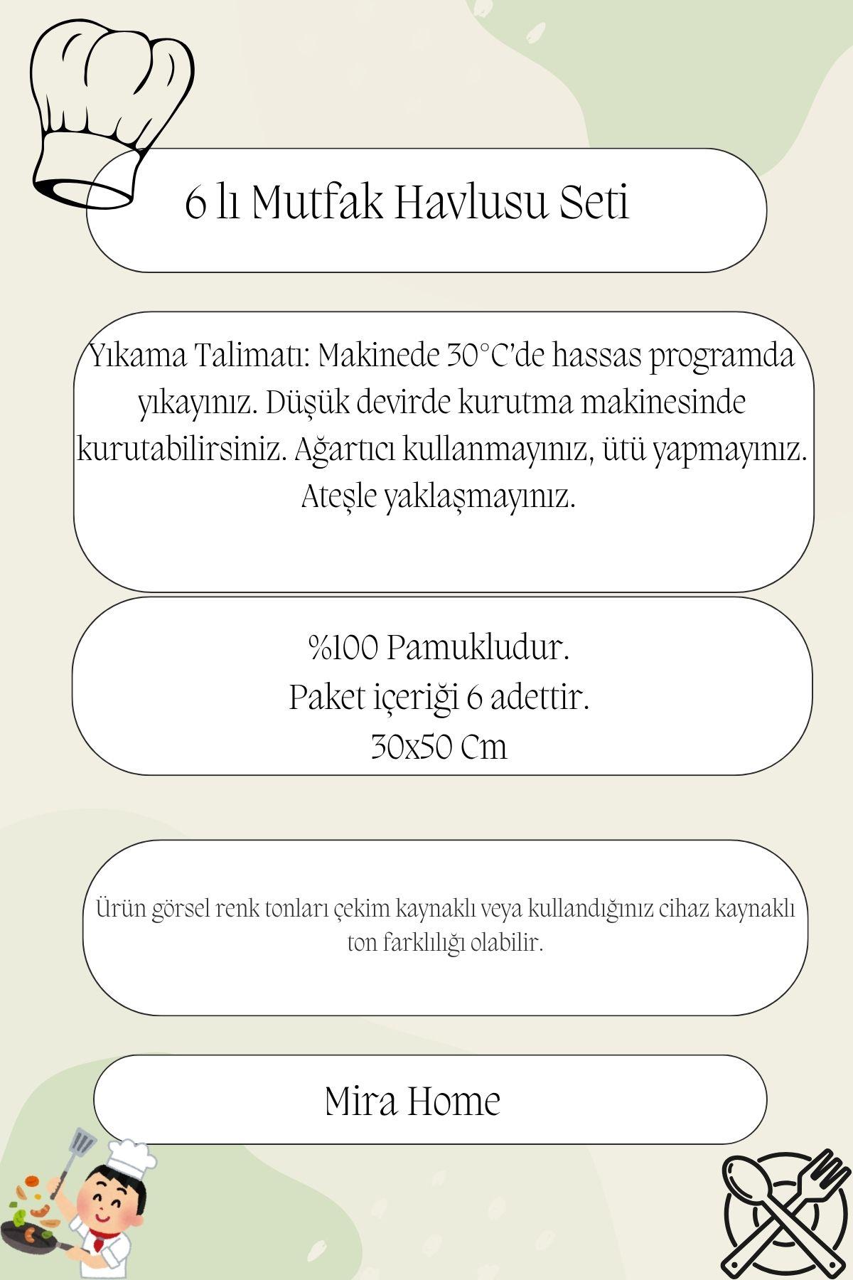 6lı Mutfak Havlusu Seti 30x50 cm %100 Pamuklu Reyhan