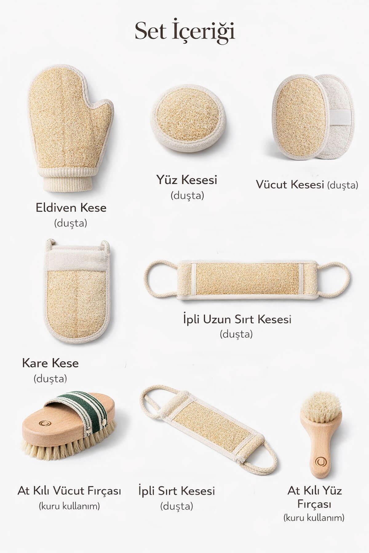 8 Parça Doğal Bakım Full Set - At Kılı Vücut & Yüz Fırçası + 6 Farklı Kabak Lifi Kese Spa Paketi